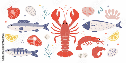 A vibrant collection of flat design seafood illustrations including fish lobster shrimp shells and lemon slices