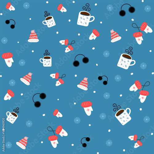 Seamless winter pattern with hats, mittens, mugs, earmuffs and snowflakes. Cute cozy style on transparent background. Great for winter 2026 designs, textiles, packaging, wrapping paper and decor.