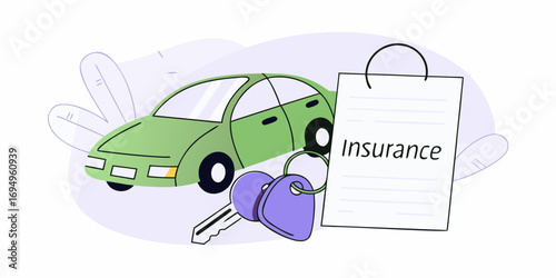 Illustration of a green car with keys and an insurance document representing car insurance and protection