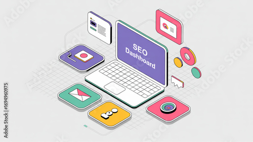 Seo dashboard on a laptop with various optimization tools and metrics for website analysis and improved online visibility