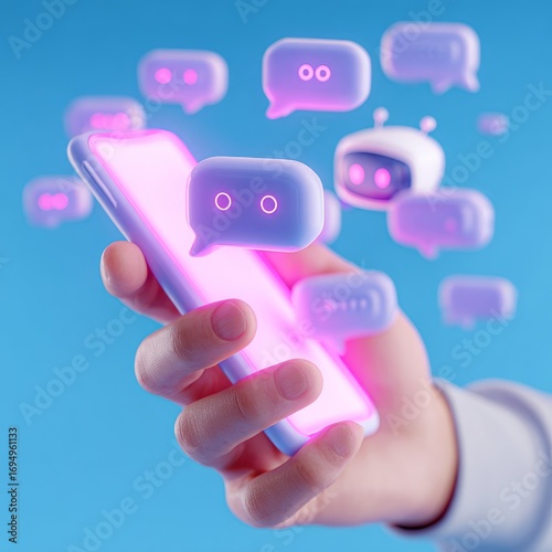 A person holds a smartphone with speech bubbles symbolizing digital interaction. A friendly chatbot appears in a futuristic, rendered environment.