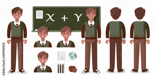 Young male student character set with classroom elements and mathematical equations on a blackboard