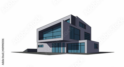 Modern architectural design of minimalist house with geometric shapes and large windows