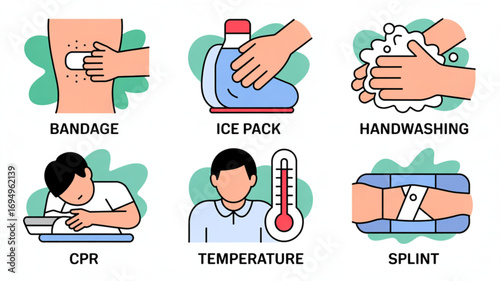 First aid and emergency treatment icons set, including bandage application, ice pack, handwashing, cpr, temperature check, and splint application