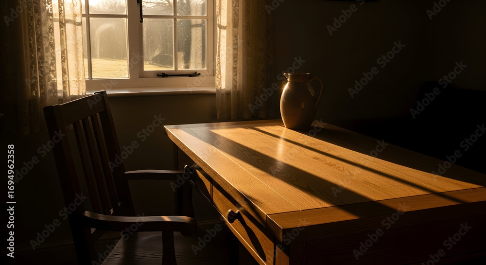 Fototapeta premium Atmospheric Sunlight Shining Across A Wooden Table Near A Window and Chair