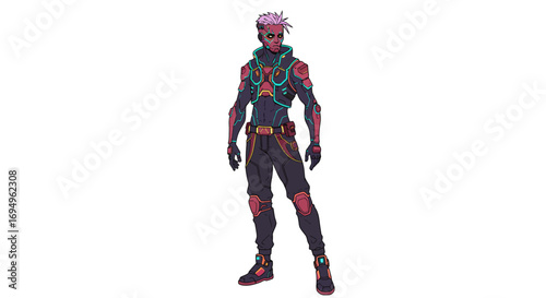 Futuristic cyberpunk character with neon accents and cybernetic enhancements