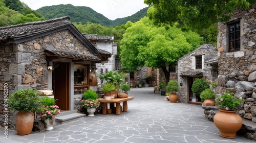Fototapeta Naklejka Na Ścianę i Meble -  Morning light filters through lush leaves in a tranquil village with cobblestone streets and vibrant flowers adorning stone walls