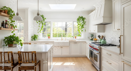 Bright And Airy Kitchen Design Featuring Botanical Accents And Modern Fixtures