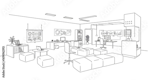 Modern office workspace outline concept with technology and furniture