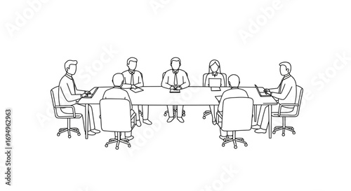 Linear drawing of a business meeting with professionals at a conference table