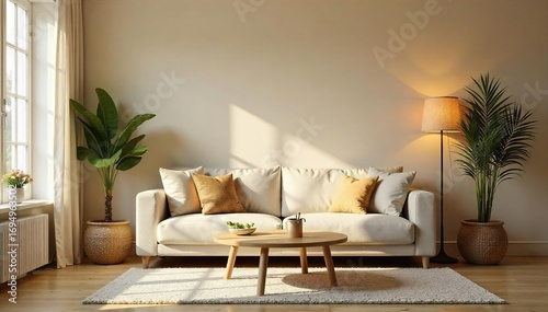 Cozy living room with comfortable sofa, warm lighting, and simple decor Perfect for relaxation and family time Clean and minimalist aesthetic , throw pillows, pillows, rug