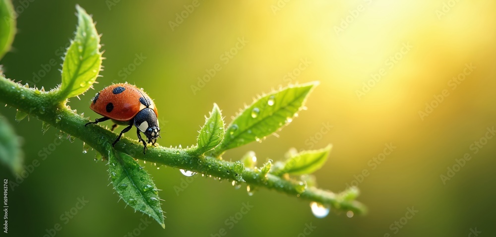 Fototapeta premium Red ladybug with black spots crawls on dewy green branch under soft summer sunlight. Rich foliage blends into glowing sky creating a peaceful, fresh, natural pattern. Insect detail macro.