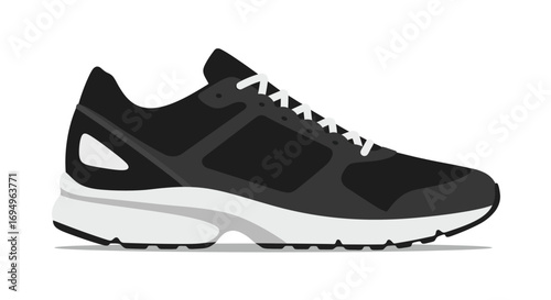 Stylish black sneaker with minimalist flat design on white background