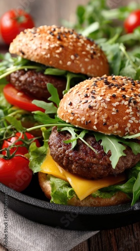 Two succulent beef cheeseburgers with melted cheese and fresh lettuce sit invitingly in a cast-iron pan, ready to enjoy