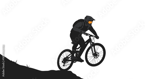 Mountain biker silhouette on trail with helmet and gear
