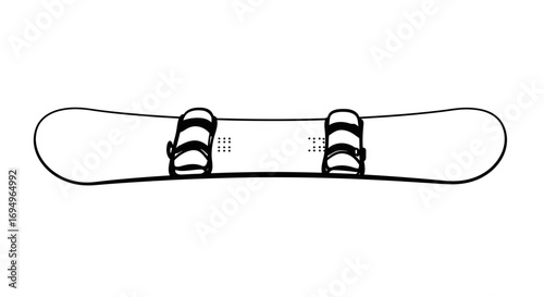 Minimalist black and white snowboard with bindings