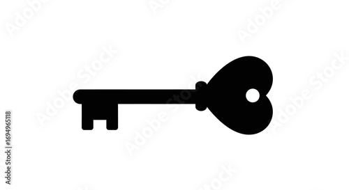 Vintage skeleton heart key silhouette on white background