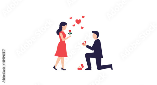 Romantic proposal with rose and engagement ring in minimalist flat design