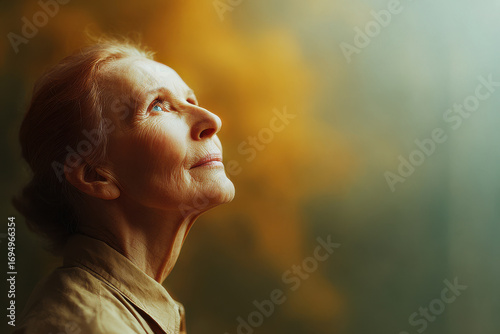 elderly woman gazes upward with serene expression her eyes reflecting mix of tears and relief