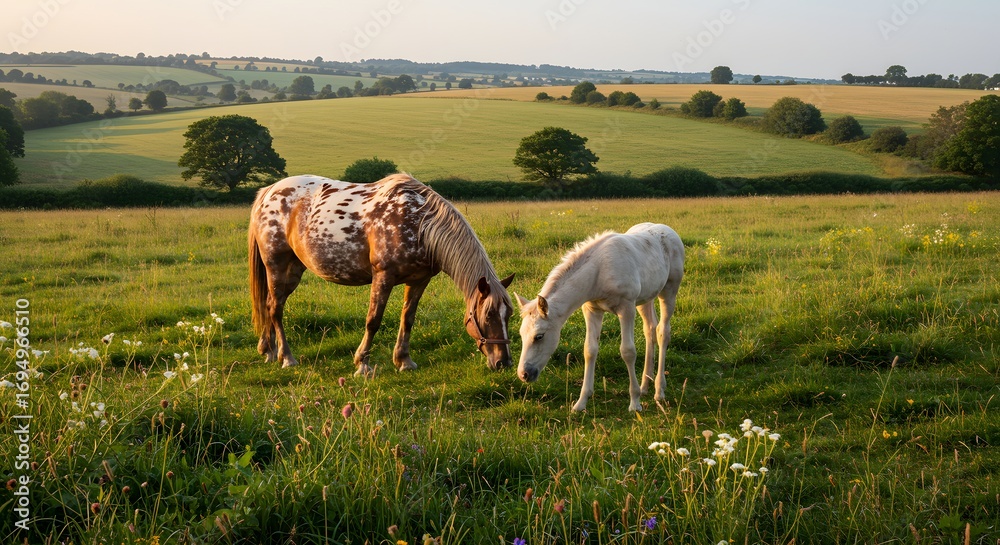 Fototapeta premium Two horses grazing in a field with rolling hills and trees in the background on a sunny day scene