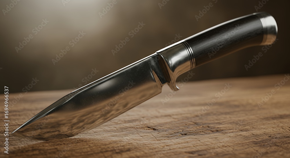 Naklejka premium Close up of a stainless steel knife on a wooden surface with soft lighting