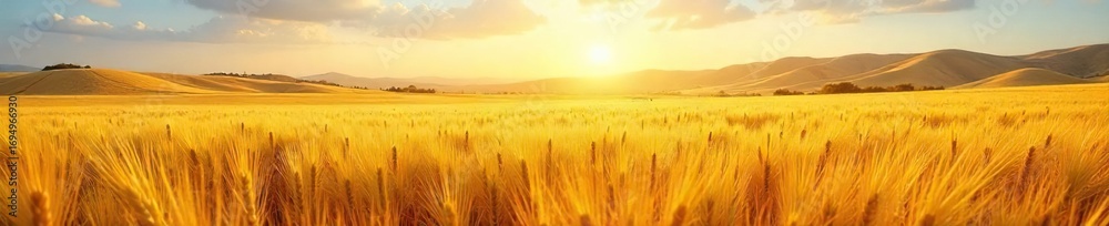 Obraz premium Golden wheat field shimmering under a summer sun, ripe for harvest Rolling hills create a picturesque landscape of abundant agriculture , landscape, ripening, yellow