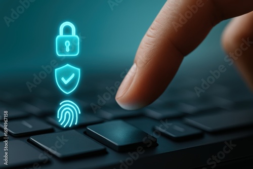 A finger presses the enter key of a keyboard, with security icons in the background, highlighting the importance of digital security