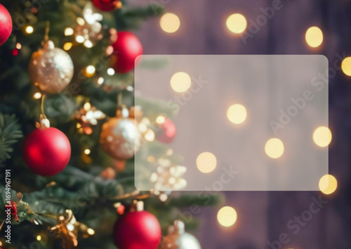New Year gift certificate template with festive design, decorative elements such as snowflakes, baubles, pine branches, and sparkling light effects