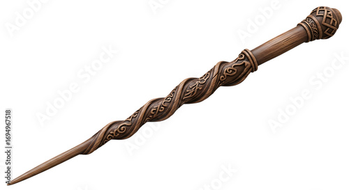Ornate wooden magic wand with intricate carvings isolated on transparent background