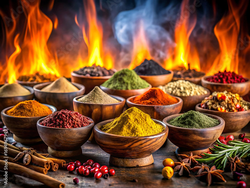 A colorful array of spices in wooden bowls with flames in the background, creating a warm and inviting scene