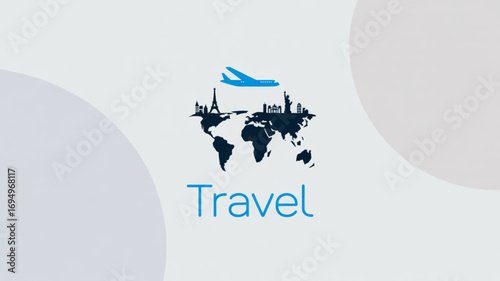 Travel the world a logo featuring iconic landmarks and an airplane soaring above a world map, symbolizing adventure, exploration, and global tourism