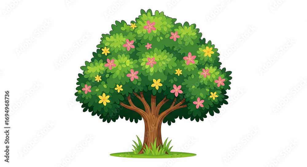 Fototapeta premium Cartoon blooming tree with pink and yellow flowers isolated on transparent background