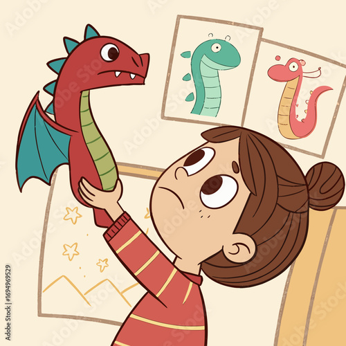 Curious child holding a dragon puppet, imagining mythical adventures amidst colorful drawings of fantastical creatures