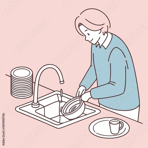 Smiling person washing dishes at kitchen sink, tidy home routine, domestic chores, modern lifestyle