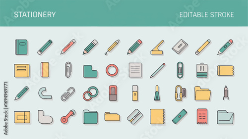 Stationery Icons Set Including Books Pencils Folders and Paper Clips office supplies school supplies