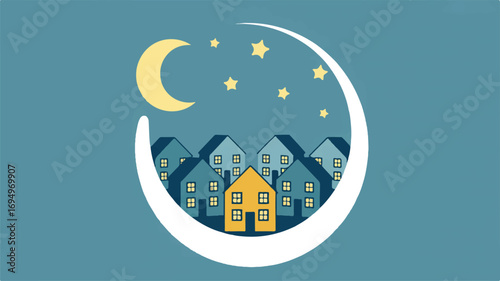 Stylized Night Scene with Houses Moon and Stars within a Crescent Shape village