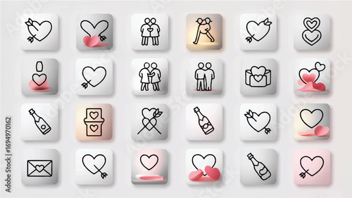 Valentine's Day Icon Set with Hearts, Couples, and Love Symbols on Buttons vector illustration