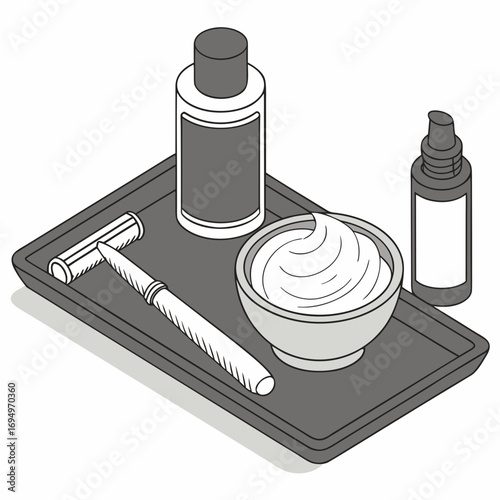 Isometric shaving kit with razor, cream, and lotion bottles on a tray for personal care and grooming routine