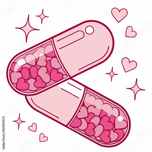 Pink capsule pills filled with hearts floating against a white background with stars and hearts for love and health concepts