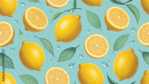Vibrant Lemon Pattern with Slices Whole Fruits Leaves and Water Droplets citrus yellow