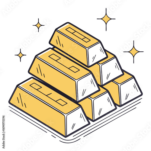 Stack of shiny gold bars representing wealth and investment opportunities in a handdrawn style with sparkling accents around the treasure