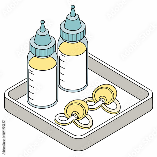 Baby bottles with milk and pacifiers on a tray illustrating infant care essentials for feeding and soothing in a nursery setting