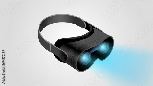 A sleek black vr headset with glowing blue lenses, casting a futuristic glow, a portal to immersive digital experiences