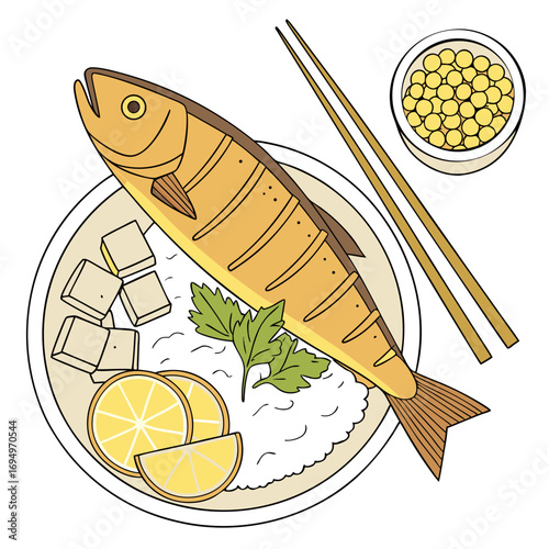 Delicious grilled fish served with rice tofu lemon slices and parsley on a plate with chopsticks and a bowl of fish roe on the side
