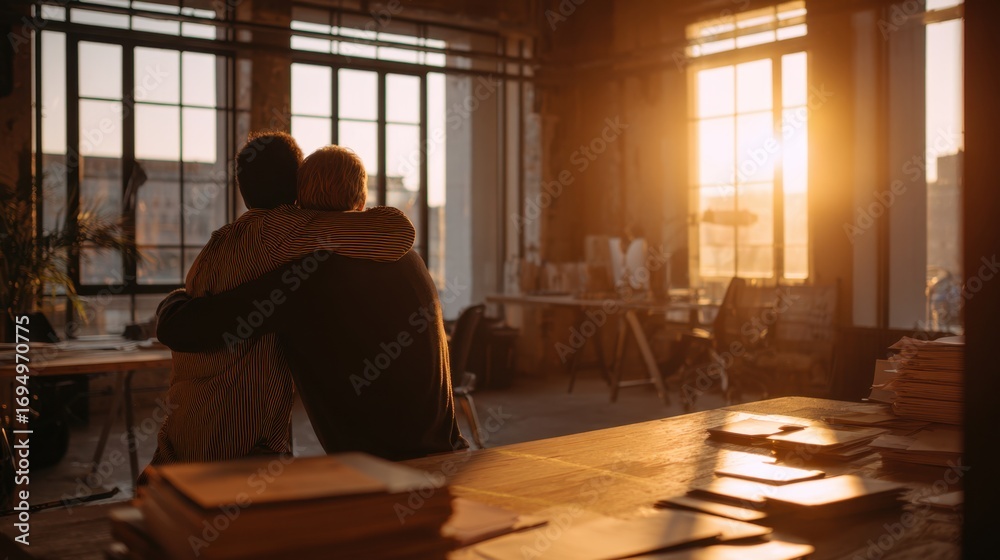 Obraz premium Warm sunset office embrace capturing comfort and friendship in a creative workspace