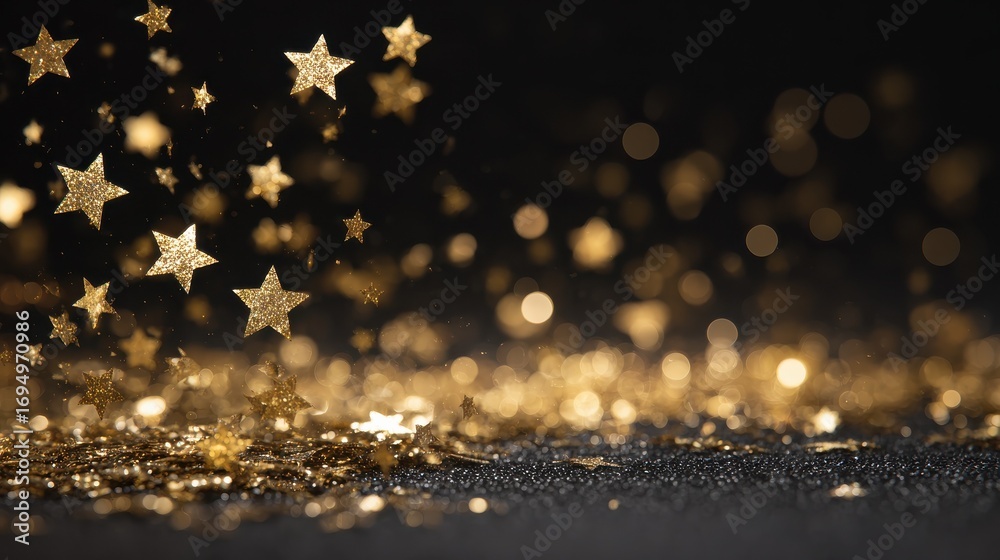 Naklejka premium golden stars and glittering bokeh lights on a black background creating a luxurious and festive atmosphere a perfect backdrop for cinematic achievements gala nights and commemorative milestones
