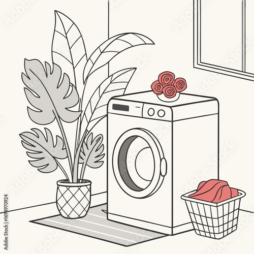 Stylish laundry room scene with washing machine, potted plant, and basket of clothes, modern home interior