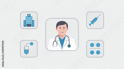 Medical and healthcare icons, featuring a doctor, hospital, syringe, pills, and iv drip, representing various aspects of medical care