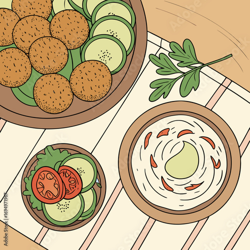 Delicious falafel platter with creamy hummus and fresh salad inspires healthy eating and culinary enjoyment