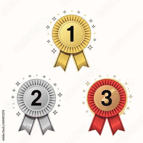 Set of three award ribbons with numbers 1, 2, and 3, representing first, second, and third place